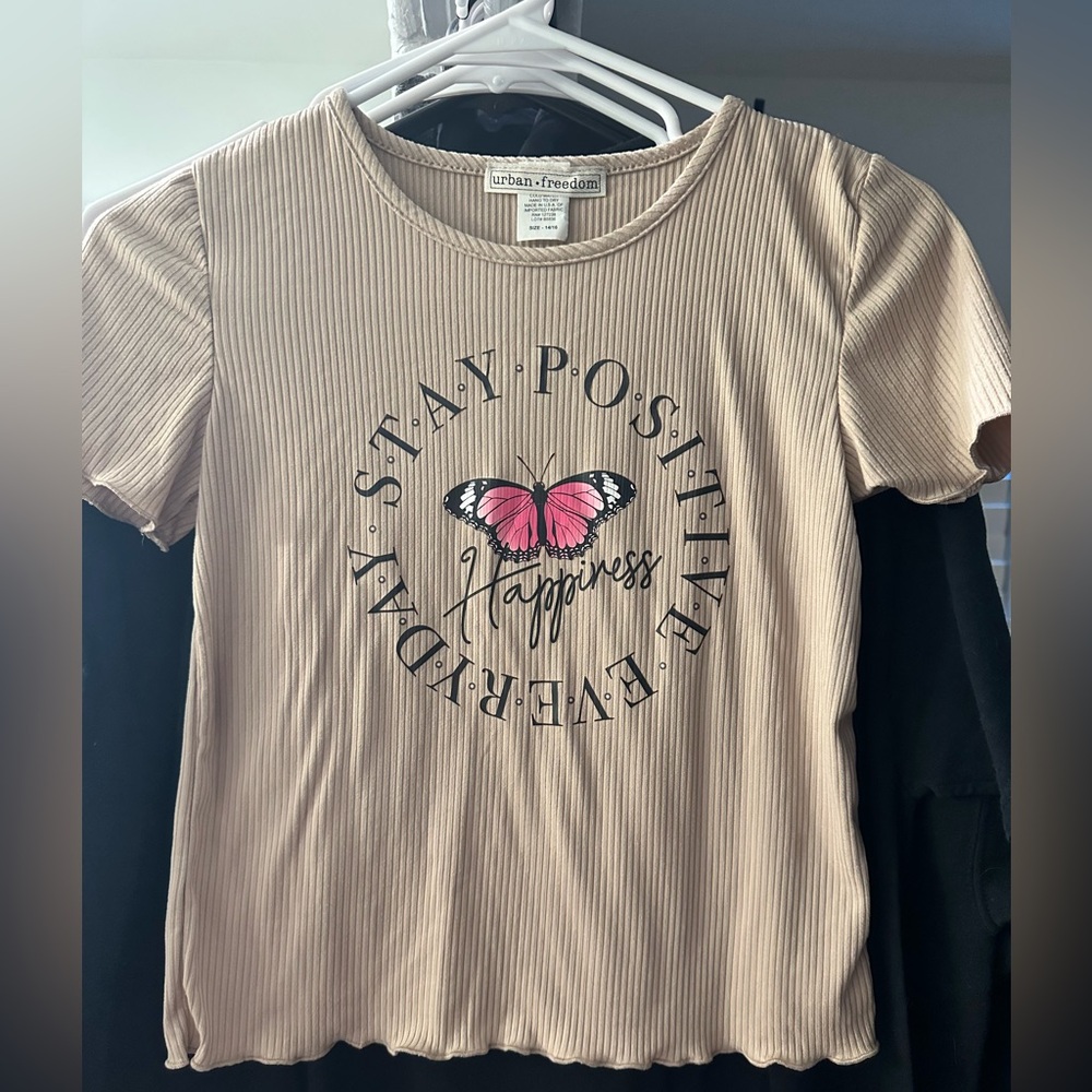 Beige Ribbed Top with Pink Butterfly
